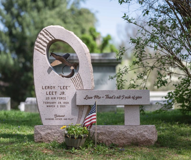 Leet Red Granite Bench Monument with Bronze Airplane Front